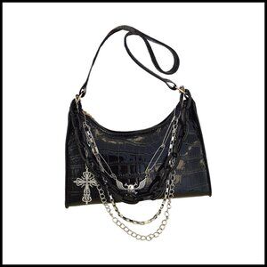 Faux Leather Y2K Punk Goth Hobo Shoulder Bag Cross Chain Handbag Casual
